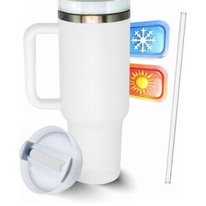 NEW White Insulated Travel Mug with Straw, drying rack and nonslip silicone base